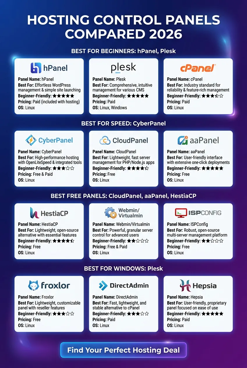 Hosting control panels compared infographic: best for beginners, speed, free panels and Windows