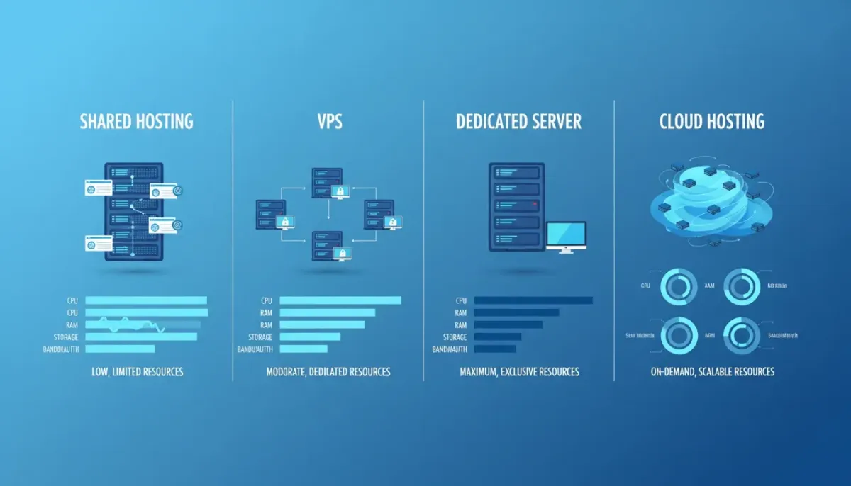 Shared hosting vs VPS vs dedicated server vs cloud hosting resources compared